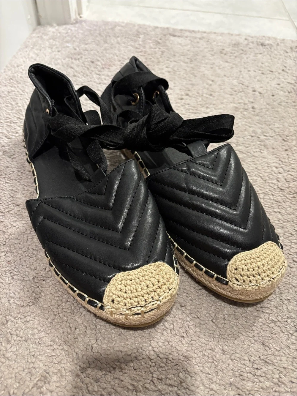 Black Quilted Espadrille Flats with Lace-Up Tie